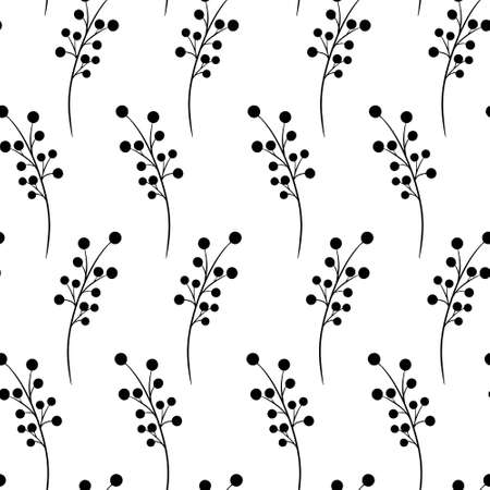 Black sprigs with berries on a white background seamless pattern. Monochrome symmetrical continuous background. Template for wallpaper, packaging and fabric.のイラスト素材