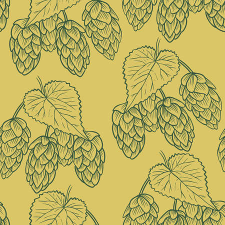 Hops hand engraved seamless pattern. Background with fruits and leaves of hops, an ingredient for the production of beer. Template with a sketch of a plant for packaging, wallpaper and background.のイラスト素材