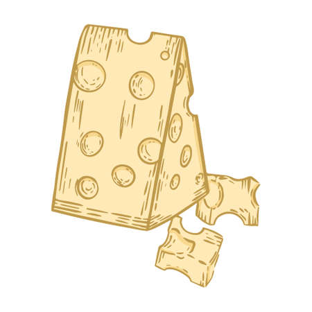 Triangular piece of cheese with holes, vector illustration. Isolated slice of yellow hand engraved cut. Sketch milk natural food product maasdam.のイラスト素材