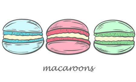 Set of macaroons blue red green delicate colors drawn vector illustration. Three small round cakes, hand engraved, sketch. Traditional sweet pastry, dessert.のイラスト素材