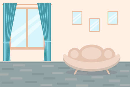 Apartment room wall, vector illustration. Living room with sofa, window and wall decor. Premises, flat style.のイラスト素材