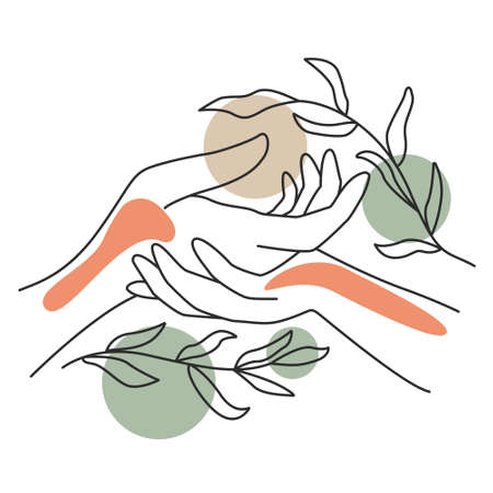 Female hands line art. The contours of human hands with twigs with leaves. One line outline with vibrant color accents, isolated object. Decoration for the wall or for printing, vector illustration.のイラスト素材