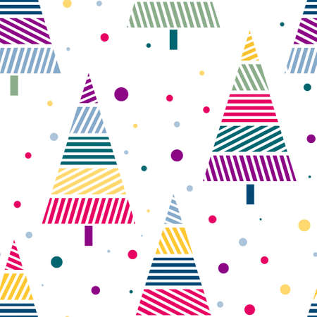 Festive multicolored Christmas trees seamless pattern. Background with balls and decorated trees for New Year and Christmas. Template for packaging, gifts, fabric and wallpaper, vector illustration.のイラスト素材