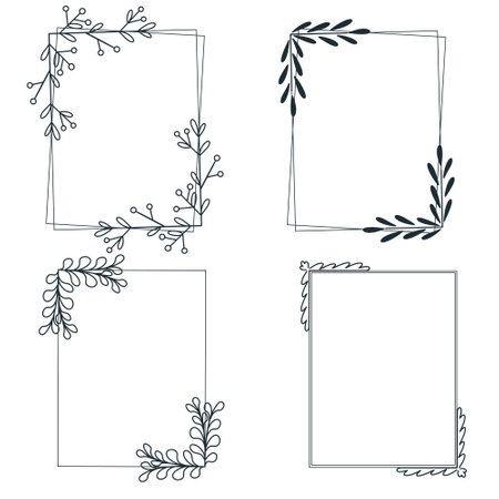 Set of hand drawn decorative botanical frames with leaves and twigs. Rectangular patterns from sheets, vector illustration. Deciduous outlines for invitation or greeting card.のイラスト素材