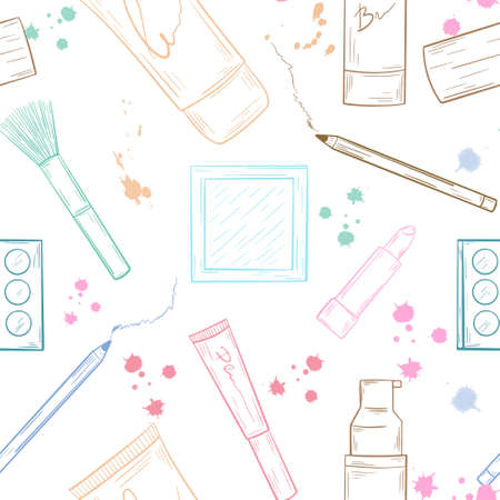 Cosmetics seamless pattern. Background with items of female decorative cosmetics, vector illustration. Template for packaging, wallpaper and backing, hand sketch.のイラスト素材