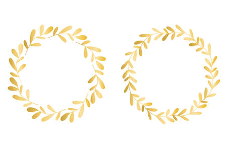 Golden leafy circular frames, vector illustration. Set of beautiful luxury round wreaths. Botanical template for invitation or greeting card.のイラスト素材