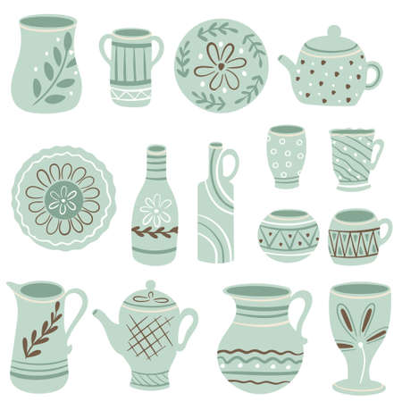 Big set of ceramic or earthenware, vector illustration. Food items, collection. Tableware, hand drawing.のイラスト素材