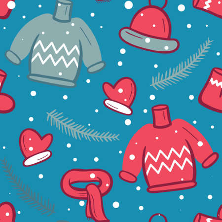 Winter seamless pattern with sweaters, hats, scarves and mittens. Cozy background with warm clothes. Template for wrapping gifts, paper, fabric and substrate, vector illustration.のイラスト素材
