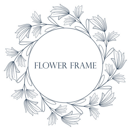 Circular botanical floral frame, vector illustration. Wreath with flowers, handmade sketch. Rim for invitation or congratulations, template.のイラスト素材