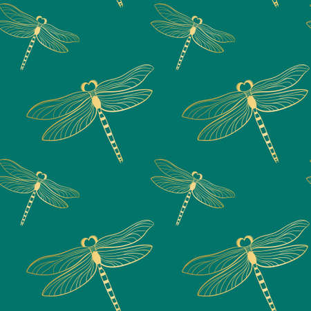 Golden dragonflies on emerald background seamless pattern. Beautiful luxury background with insects. Template for fabric, wallpaper, packaging and design, vector illustration.のイラスト素材
