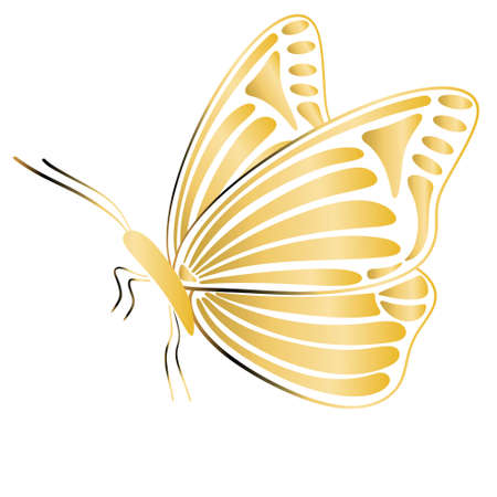 Gold butterfly in profile isolated illustration. Beautiful insect with golden wings, vector. Graceful retro butterfly, decoration.のイラスト素材