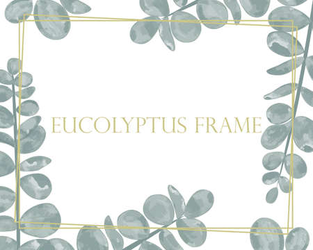 Gold frame with eucalyptus, vector illustration. Horizontal rectangular banner for invitation or greeting card. Watercolor branches of eucalyptus with gold. Ready template for design.のイラスト素材