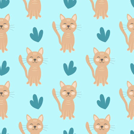 Cute cats seamless baby pattern. Seals sit and grass on a blue background. Template for wallpaper, fabric, childrens things, packaging, vector illustrationのイラスト素材