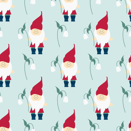 Cute gnomes background vector illustration. Gnomes with spring flowers seamless pattern. Mythical little men, template for baby fabric, packaging, wallpaper and fillのイラスト素材