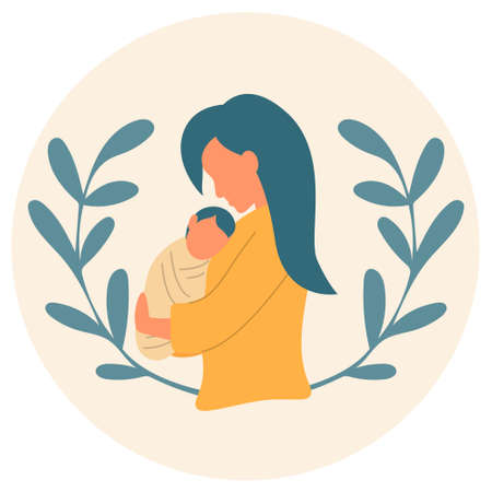 Young mother holds her baby in her arms. Mom with baby, vector illustration. Adult woman with child flat drawnのイラスト素材