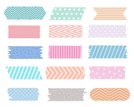 Set masking tape washi isolated vector illustration. A collection of cute stickers to highlight or decorate photos and postcards. Small decorated masking tapes for designのイラスト素材