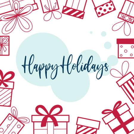 Template with gifts and happy holidays. Square background for congratulations. Gift boxes, holiday vector illustrationのイラスト素材