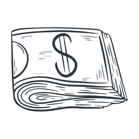 Money dollars folded in half isolated vector illustration. Cash sketch. Pile of paper moneyのイラスト素材