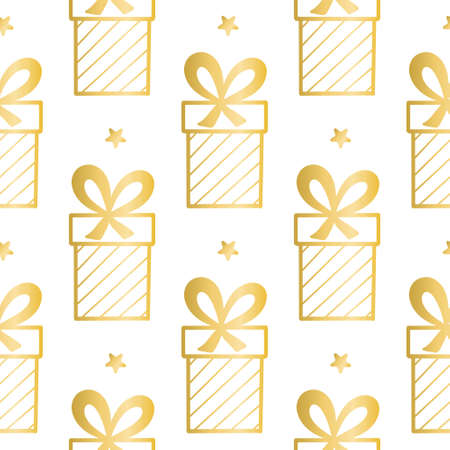 Gold gifts on white background seamless pattern. Background with gold boxes and stars vector illustration. Template for holiday packaging, paper and wallpaperのイラスト素材