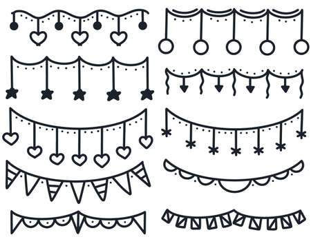 Set of hand drawn garlands isolated vector illustration. Collection of doodle decorations for the holiday. Bundle of buntingのイラスト素材