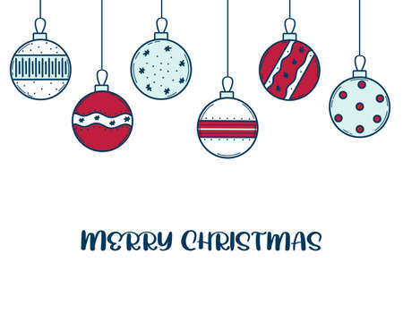 Christmas template with Christmas balls and an inscription. Merry christmas greeting new year card. Winter festive hand drawn background vector illustrationのイラスト素材