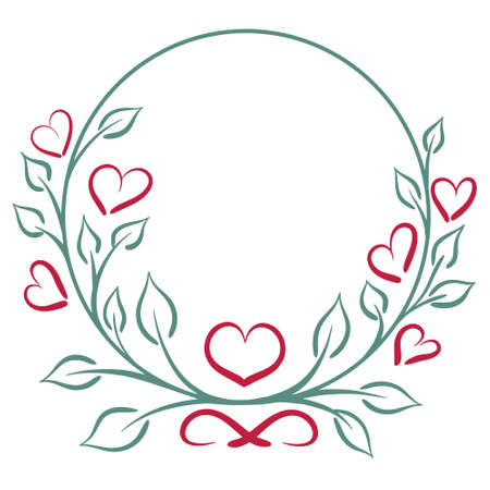 Round wreath with leaves and hearts isolated vector illustration. Circular leafy frame. Template with greenery for greeting cards, invitations or recognitionのイラスト素材
