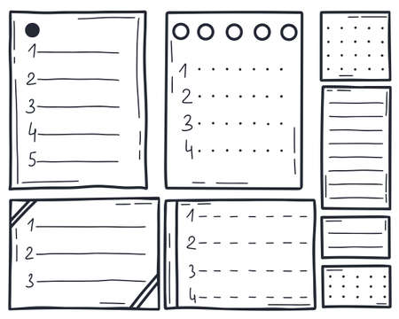 Doodle style planner pages. Hand drawn set of list pages isolated vector illustration. Collection of note paperのイラスト素材