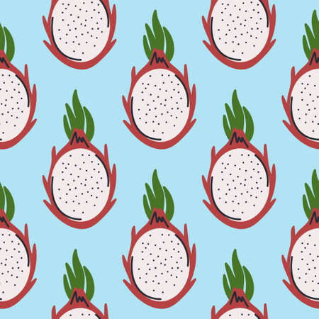 Tropical exotic background with dragon fruit. Summer seamless pattern with food. Fruit template for fabric, wallpaper and packaging vector illustrationのイラスト素材
