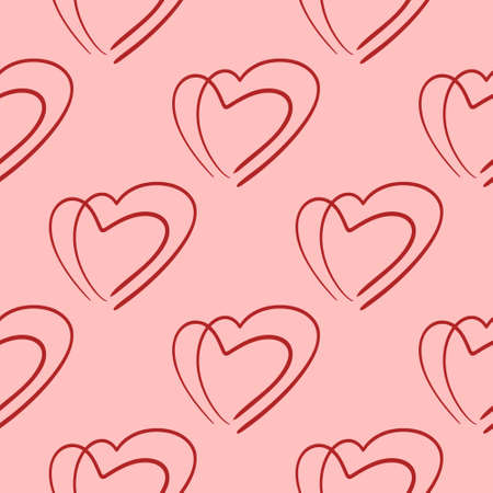 Hearts line art seamless vector pattern. Background with red hearts hand drawn. Template for fabric...