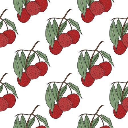 Lychee fruit on twig seamless pattern. Background with exotic,tropical fruits. Template for wallpaper, fabric and packaging, vector illustrationのイラスト素材