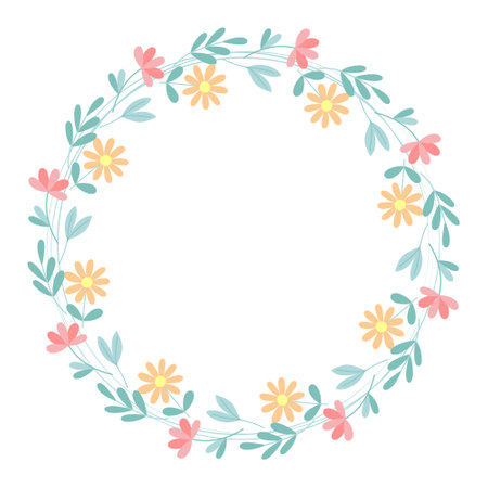 Circular floral frame. Spring botanical wreath with flowers and greenery. Rim blooming wild flowers, vector isolated illustrationのイラスト素材