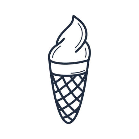 Ice cream doodle style. Sweet summer creamy treat. Ice cream cone hand drawn icon or logo. Waffle cone with cream isolated vector illustrationのイラスト素材