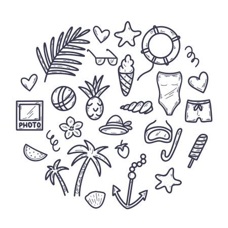 Vacation composition doodle style. Set hand drawn icons of relaxation and travel. Nautical collection vector illustrationのイラスト素材
