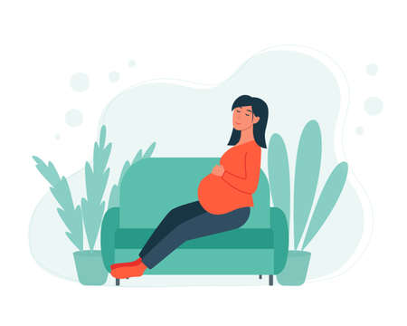 Pregnant woman sits on sofa and rests. Adult girl lies on an ottoman. Calm woman with big belly relaxing at home vector illustrationのイラスト素材