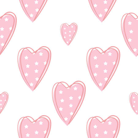 Pink hearts with white stars seamless pattern. Cute romantic background. Template for fabric,...