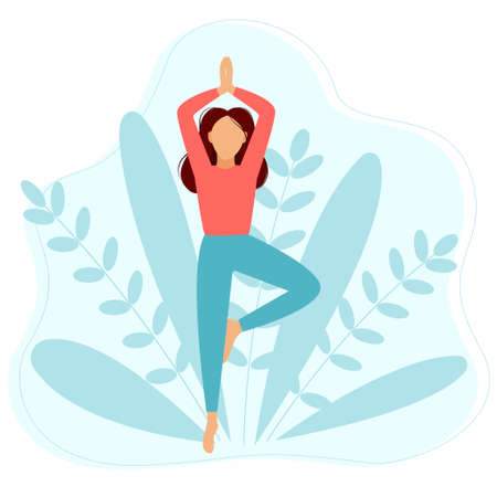 Adult beautiful girl stands in balance pose. Woman doing yoga concept. Young lady relaxing, love and care for yourself vector illustrationのイラスト素材