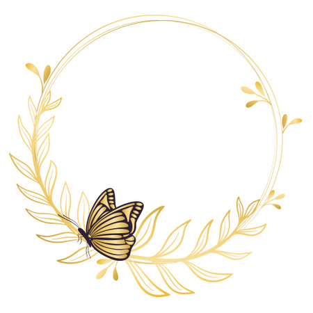 Golden round wreath with twigs and butterfly. Botanical leafy circular frame gold. Rim with butterfly and greenery vector illustration. Template for postcard or invitationのイラスト素材