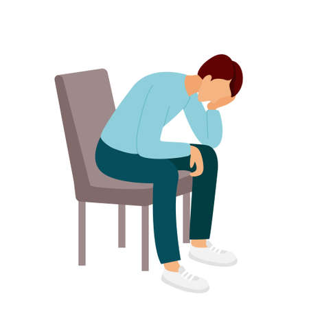 The man sad. Adult alone man sits on chair and leans his head on hand. Tired guy sad. Lonely man vector illustrationのイラスト素材