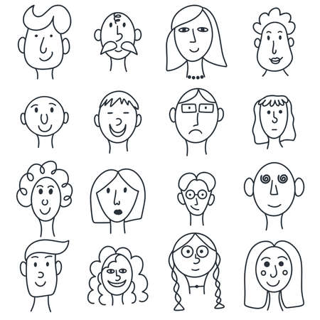 Doodle people set vector. Collection of hand drawn faces of men and women. Human characters isolated illustrationのイラスト素材