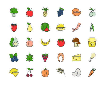 Healthy food set line icons. Collection organic fresh food. Vegetables and fruits for balanced diet isolated vector illustrationのイラスト素材