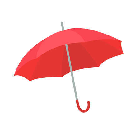 Open red umbrella isolated vector illustration. Rain protection item. Umbrella cane icon. Essential colorful seasonal accessoryのイラスト素材