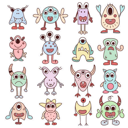 Set funny baby monsters. Cute fictional creatures hand drawn collection. Interesting fairy tale characters doodle isolated vector illustrationのイラスト素材