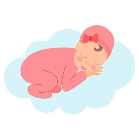 Baby sleeps on air cloud. Baby girl dreams on pillow. Newborn cute sleeping child daughter isolated vector illustrationのイラスト素材