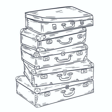 Group suitcases stacked on top of each other sketch. Luggage hand engraved. Old vintage bags for carrying things vector black outline illustrationのイラスト素材