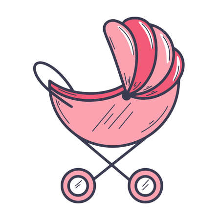 Baby stroller doodle style isolated vector illustration. Baby carriage pink color for girl....
