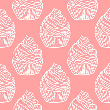 White cakes on pink background seamless pattern. Delicate background with delicious pastries....