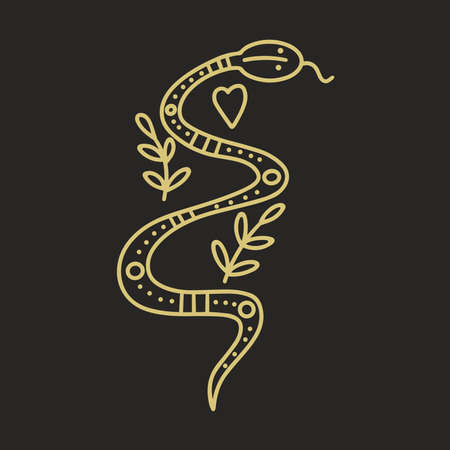 Magic snake with decoration elements and symbols vector illustration. Witchcraft golden amulet isolated object on black background. Esoteric decorationのイラスト素材