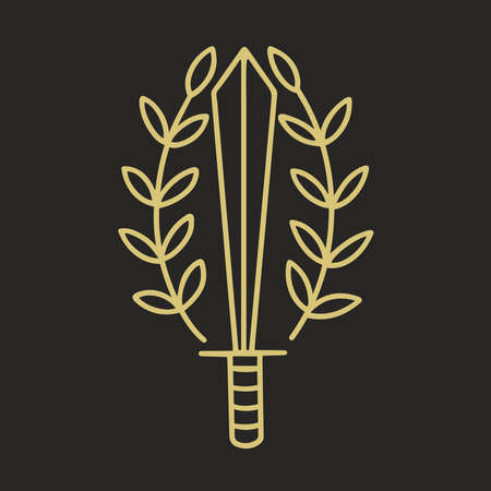 Magic dagger vector doodle illustration. Sword decorated twigs with leaves symbolism. Esoteric object akultism isolated object. Golden silhouette cold weapon on black backgroundのイラスト素材