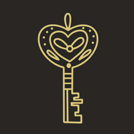 Golden old decorated key magic symbol. Amulet for spells and sorcery. Esoteric doodle illustration isolated vectorのイラスト素材