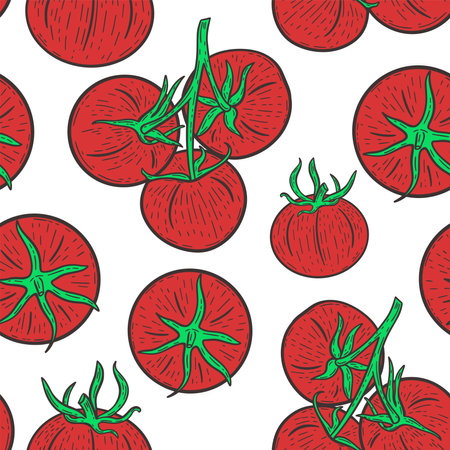 Tomatoes seamless pattern vector illustration. Red vegetables background. Medel tomatoes for fabric, packaging and design. Template healthy organic foodのイラスト素材
